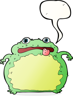 Bir insan tarafından çizilmiş konuşma balonlu komik kurbağa.