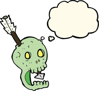 Bir insan tarafından çizilmiş düşünce baloncuklu komik kafatası ve ok.