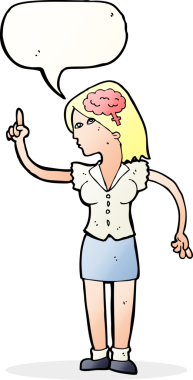 Bir insan tarafından çizilmiş konuşma baloncuğu ile zekice bir fikri olan karikatür kadın.