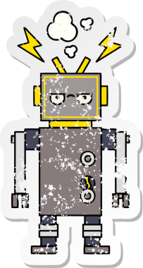 Bir insan tarafından çizilmiş arızalı bir robot çizgi film çıkartması.