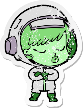 Bir karikatür çıkartması. Bir insan tarafından çizilmiş güzel astronot kız.