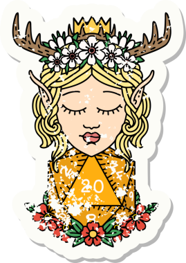 Bir insan tarafından çizilmiş nautral yirmilik zarlı bir Elf Druid karakterinin grunge sticker 'ı.