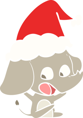 Bir insan tarafından çizilmiş Noel Baba şapkası takan bir filin düz renkli çizimi.