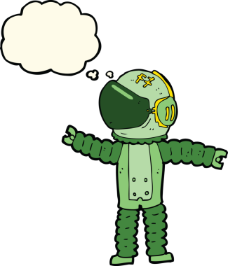 Karikatür astronotu bir insan tarafından çizilmiş düşünce baloncuğuyla uzanıyor.