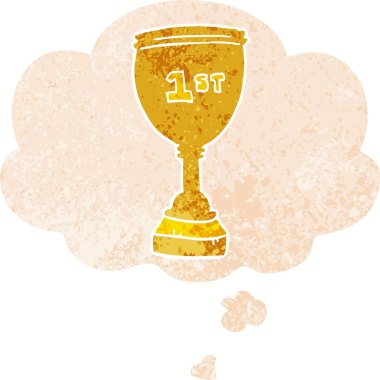 Düşünce baloncuklu çizgi film spor kupası grunge sıkıntı retro dokuma tarzı bir insan tarafından çizilmiş