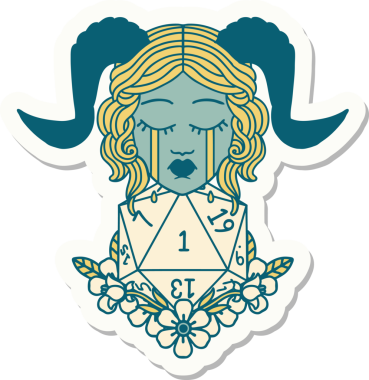 Ağlama etiketi, bir insan tarafından çizilmiş doğal bir D20 zar atışıyla bağlanmış.