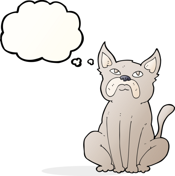 Bir insan tarafından çizilmiş düşünce baloncuğu olan huysuz küçük bir köpek.