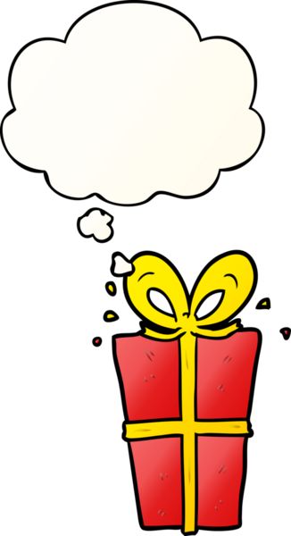 Bir insan tarafından çizilmiş, düşünce baloncuğuyla paketlenmiş çizgi film hediyesi.