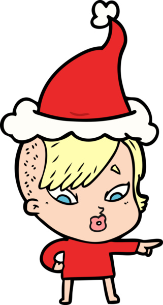 Bir insan tarafından çizilmiş Noel Baba şapkası giyen şaşırmış bir kızın el çizimi.