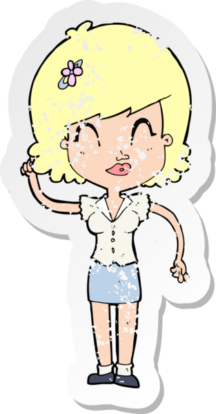 Bir insan tarafından çizilmiş, karikatürlü, kederli, güzel bir kadının retro yapıştırması.