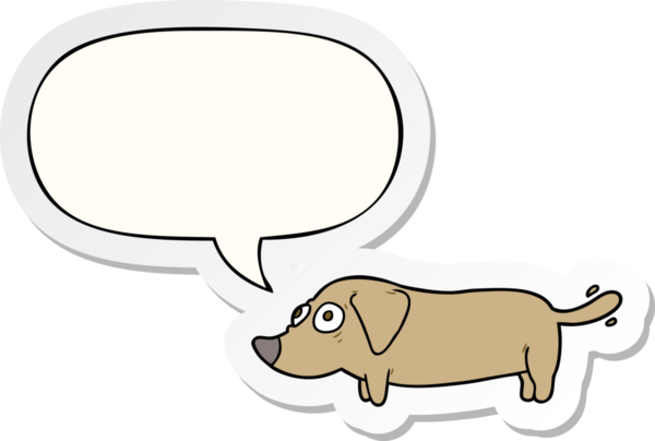 Bir insan tarafından çizilmiş konuşma balonu çıkartmalı küçük bir köpek.