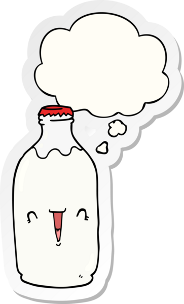 Düşünce baloncuklu tatlı süt şişesi insan tarafından çizilmiş bir çıkartma.