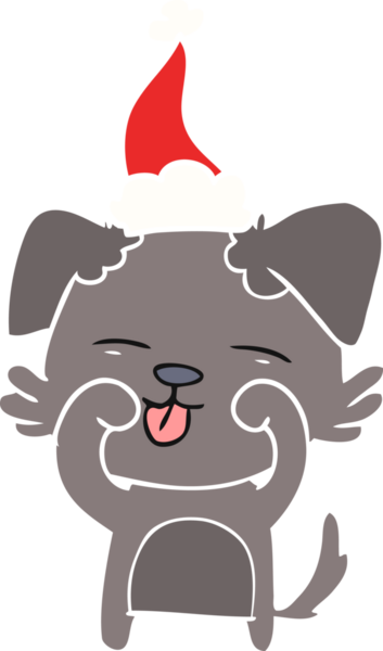 Bir insan tarafından çizilmiş Noel Baba şapkası takan bir köpeğin düz renkli çizimi.