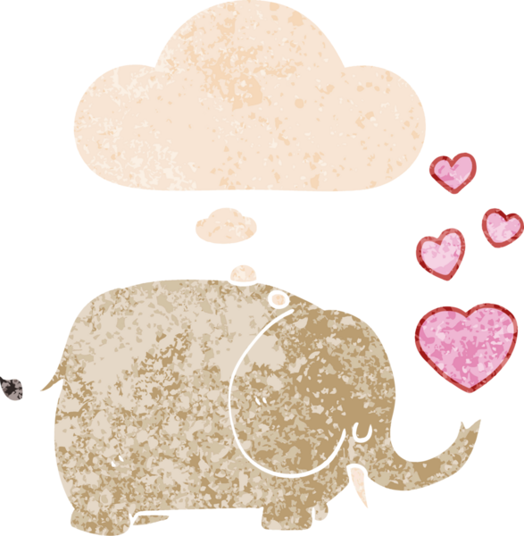 Sevgi dolu karikatür fili. Düşünce baloncuğu ve grunge dertli retro tarzı bir insan tarafından çizilmiş.
