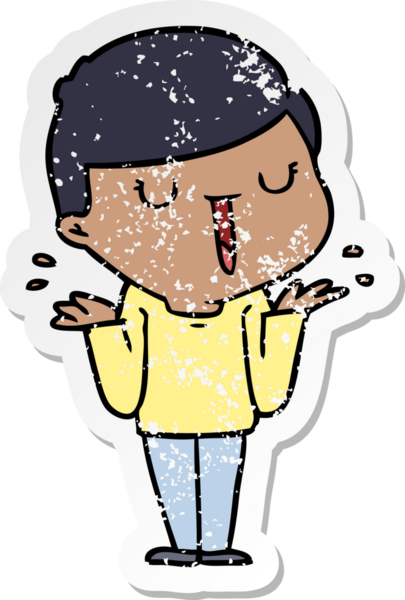 Bir çizgi film karakterinin sıkıntılı çıkartması. Mutlu bir çocuk. Bir insan tarafından çizilmiş tasası yok.