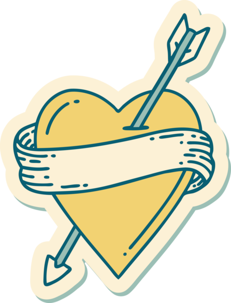 Bir insan tarafından çizilmiş ok kalp ve pankartın geleneksel stiliyle dövme çıkartması.