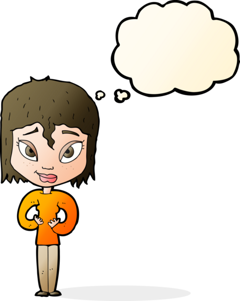 Bir insan tarafından çizilen düşünce baloncuğuyla tatmin olmuş bir kadın.