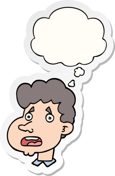 Bir insan tarafından çizilmiş bir çıkartma gibi düşünce baloncuğuyla şok olmuş bir adam.