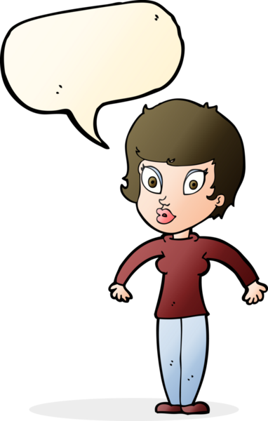 Bir insan tarafından çizilmiş konuşma baloncuğuyla omuz silken çizgi film kadını.