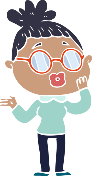 Düz renkli karikatür kadın bir insan tarafından çizilmiş gözlük giyiyor.