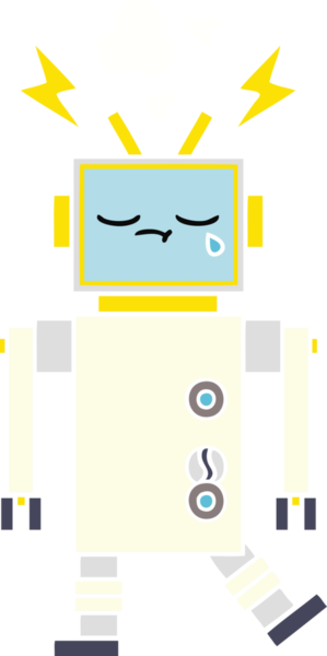 Bir insan tarafından çizilmiş ağlayan bir robotun düz renkli retro karikatürü