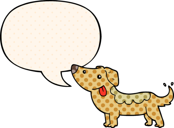 Bir insan tarafından çizilmiş çizgi roman tarzında konuşma balonu olan çizgi film köpeği.