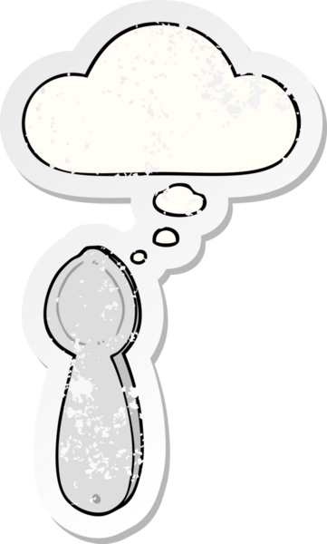 Düşünce baloncuklu çizgi film kaşığı insan tarafından çizilmiş yıpranmış bir çıkartma gibi.