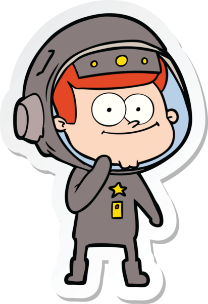 Bir insan tarafından çizilmiş mutlu bir astronot çizgi filminin çıkartması.