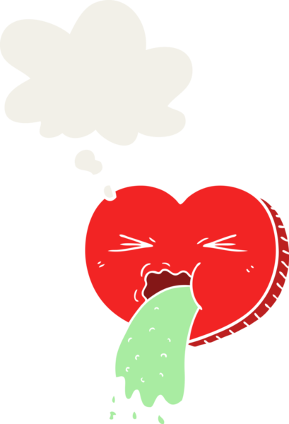 Çizgi film hasta bir kalbi sever. Düşünce baloncuğu insan tarafından çizilmiş.