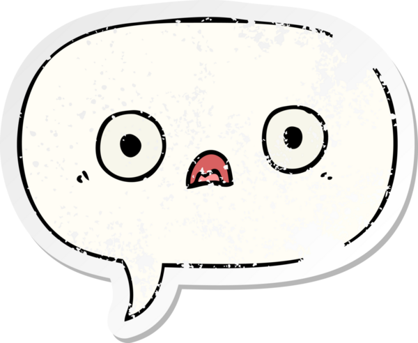 Konuşma baloncuğu olan sevimli çizgi film yüzü bir insan tarafından çizilmiş sıkıntılı eski bir çıkartma.