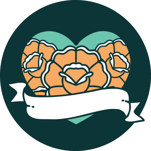 İkonik dövme stili bir kalp ve bir insan tarafından çizilmiş çiçekli pankart.