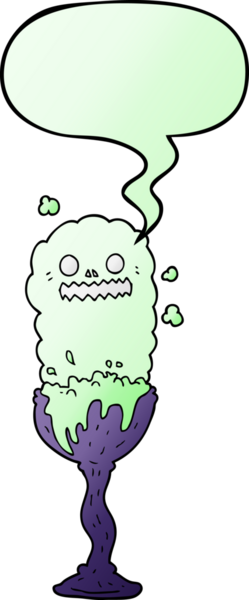 Bir insan tarafından çizilmiş yumuşak eğimli konuşma baloncuğu olan ürkütücü cadılar bayramı iksiri fincanı.