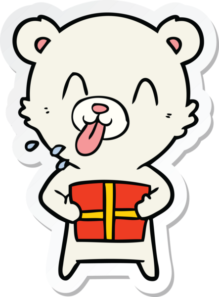 Kaba bir çizgi film kutup ayısının çıkartması. Bir insan tarafından çizilmiş bir hediye ile dillerini dışarı çıkarıyor.