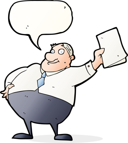 Çizgi film patronu bir insan tarafından çizilmiş konuşma balonuyla kağıtları sallıyor.