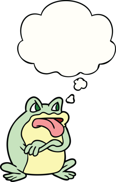 Huysuz çizgi film kurbağası. Düşünce baloncuğu insan tarafından çizilmiş.