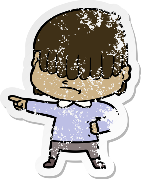 Bir insan tarafından çizilmiş dağınık saçlı bir çizgi film çocuğunun sıkıntılı çıkartması.