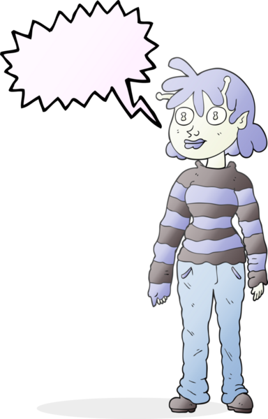 Bir insan tarafından çizilmiş serbest konuşma balonu karikatürü gelişigüzel uzaylı kız.