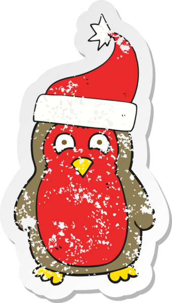 Bir insan tarafından çizilmiş Noel Baba şapkası giyen bir çizgi filmin gerilimli retro çıkartması.