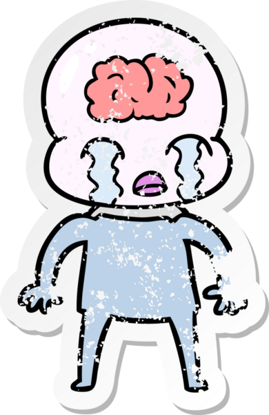 Bir çizgi filmin sıkıntılı çıkartması. Bir insan tarafından çizilmiş büyük beyinli uzaylı ağlaması.