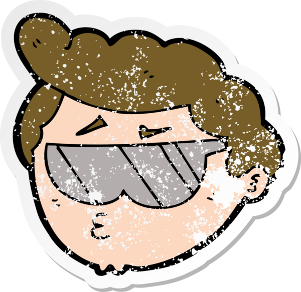 Bir insan tarafından çizilmiş güneş gözlüğü takan çizgi film karakterinin sıkıntılı çıkartması.