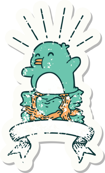 Bir insan tarafından çizilmiş eski bir dövme stili penguen etiketi.