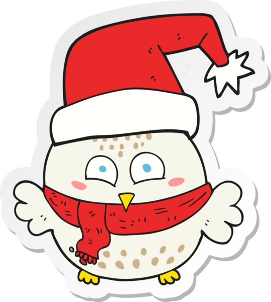 Bir insan tarafından çizilmiş şirin bir Noel baykuşunun çıkartması.