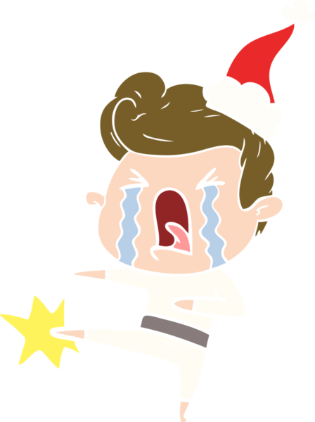 Bir insan tarafından çizilmiş Noel Baba şapkası giymiş ağlayan bir adamın düz renkli çizimi.