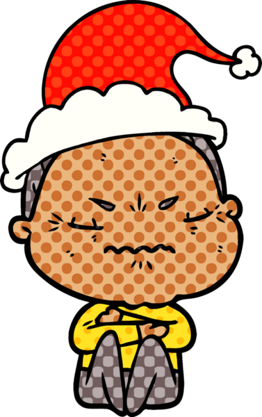 Bir insan tarafından çizilmiş Noel Baba şapkası giyen sinirli yaşlı bir kadının el çizimi çizgi roman tasviri.