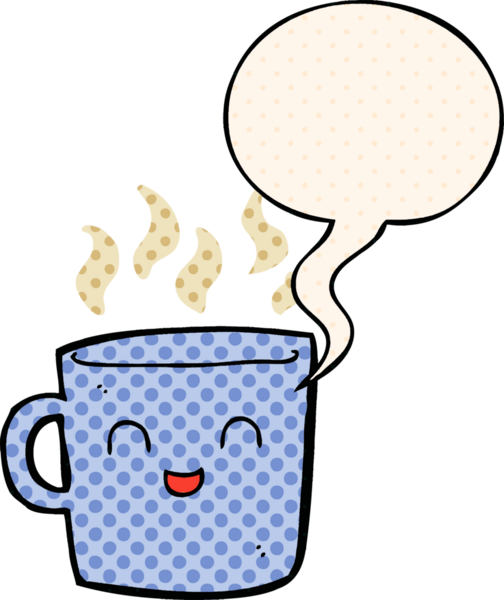 Bir insan tarafından çizilmiş çizgi roman tarzında konuşma balonu olan şirin bir kahve fincanı çizgi filmi.