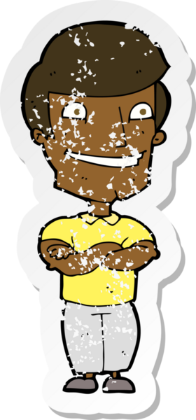 Bir insan tarafından çizilmiş sırıtan bir çizgi film karakterinin kederli retro yapıştırması.