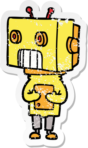 Bir insan tarafından çizilmiş karikatür robotunun sıkıntılı çıkartması.