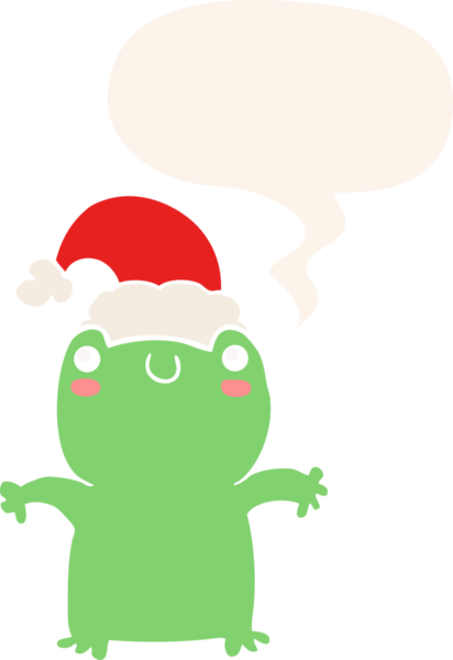 Bir insan tarafından çizilmiş konuşma baloncuklu Noel şapkası takan sevimli bir kurbağa.