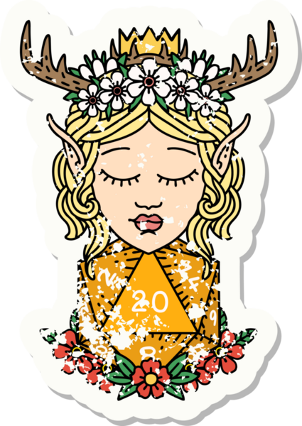 Bir insan tarafından çizilmiş nautral yirmilik zarlı bir Elf Druid karakterinin grunge sticker 'ı.