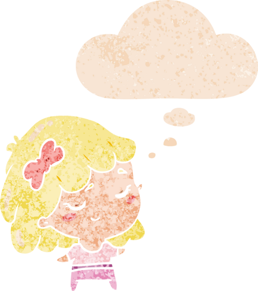 Düşünce baloncuklu çizgi film mutlu kız grunge sıkıntılı retro dokuma bir insan tarafından çizilmiş